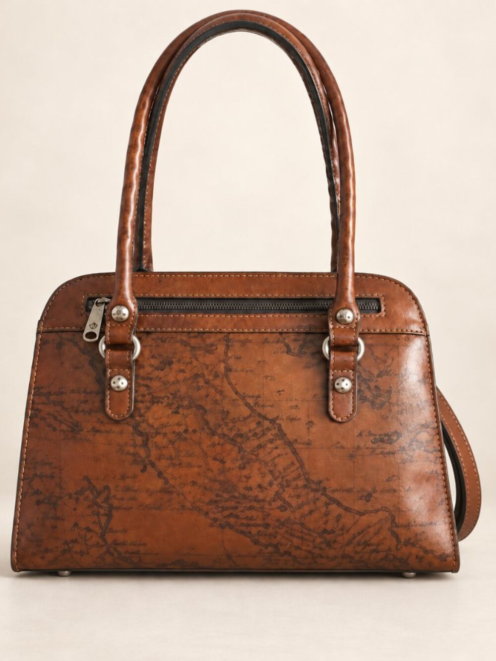 Patricia Nash Riot Rust Leather Calvi Satchel Crossbody Signature Map Brown